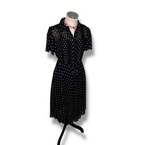 Nanette Lepore Black White‎ Polka Dot Sheer Midi Dress Shirt Dress Belted Office